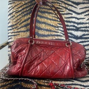 Chanel Ligne Red Quilted Lambskin Bowler Bag | Silver Hardware | Authentic